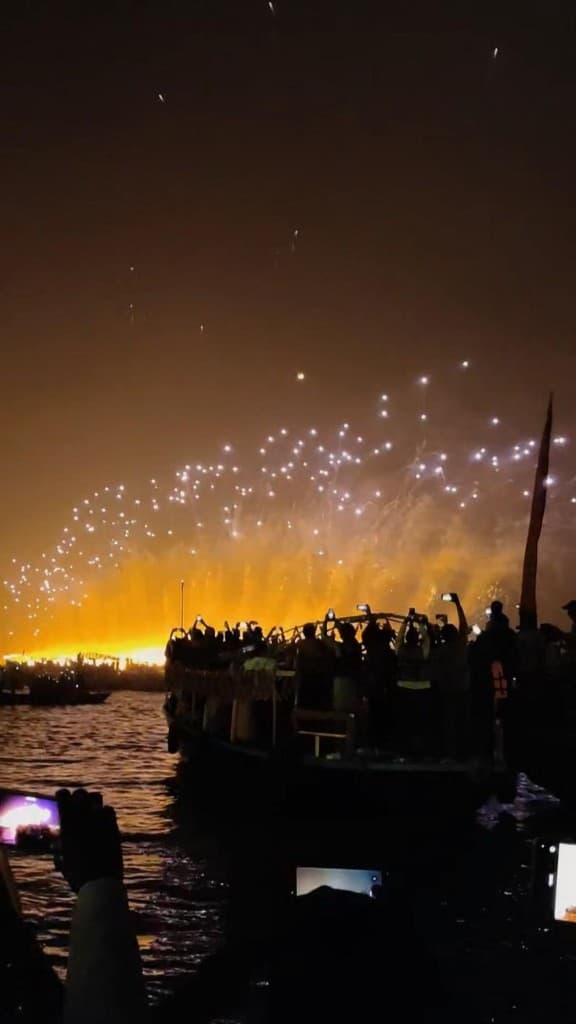 Fireworks bursting over the Varanasi riverfront on Dev Deepawali night
