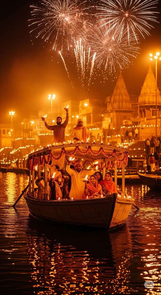 Sparklers and diyas lighting the Ganga on Dev Deepawali night in Varanasi
